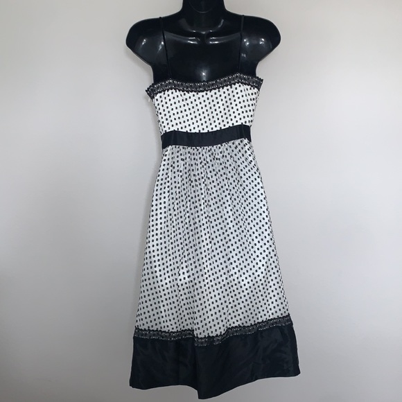 BCBG Vintage Retro Gothic Style Polka Swiss Dot Black and White Brooch Dress - Picture 8 of 11